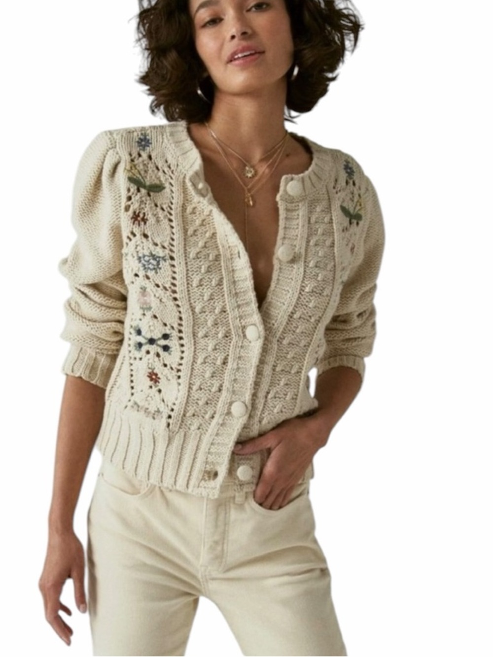 Lucky Brand Ivory Floral Embroidered Knit Cardigan Size M